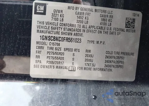 2015 Chevrolet Tahoe Lt из США, поврежденный, VIN 1GNSCBKC0FR561023